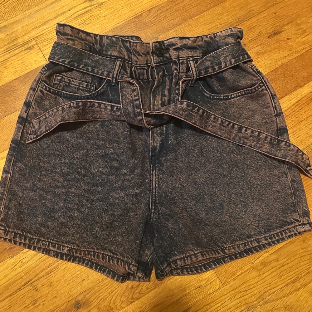 All Saints Palmer Paper Bag Jean Shorts Acid Peach Denim Removable Belt - Picture 5 of 6